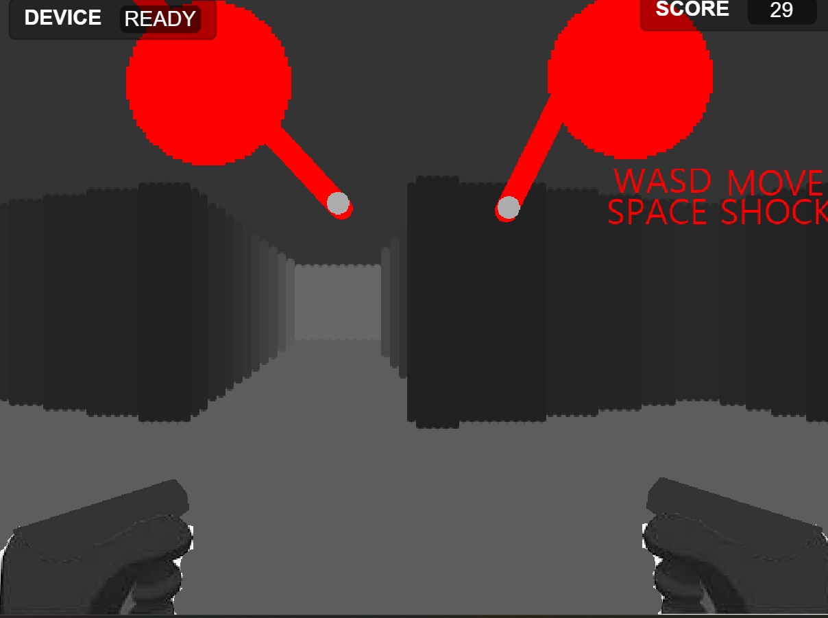 First-person view down a dark corridor in AlienHorror, with two red alien creatures approaching and a score display.