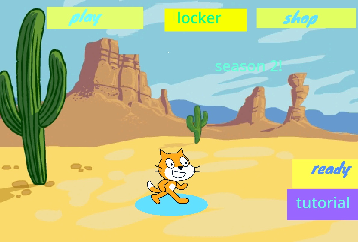 Catnite Season 2 lobby screen: a cartoon cat stands in a desert with cacti and mesas, with play, locker, and shop buttons.