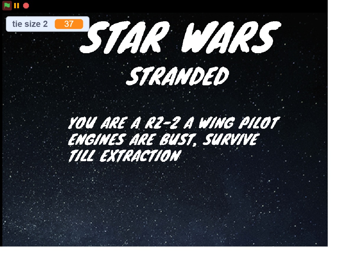 Title screen of Star Wars: Stranded! showing a starfield and the text 'You are a RZ-2 A wing pilot. Engines are bust, survive till extraction.'