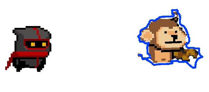Pixel-art characters from Guardian: a dark hooded figure with a red scarf and a monkey outlined in blue.