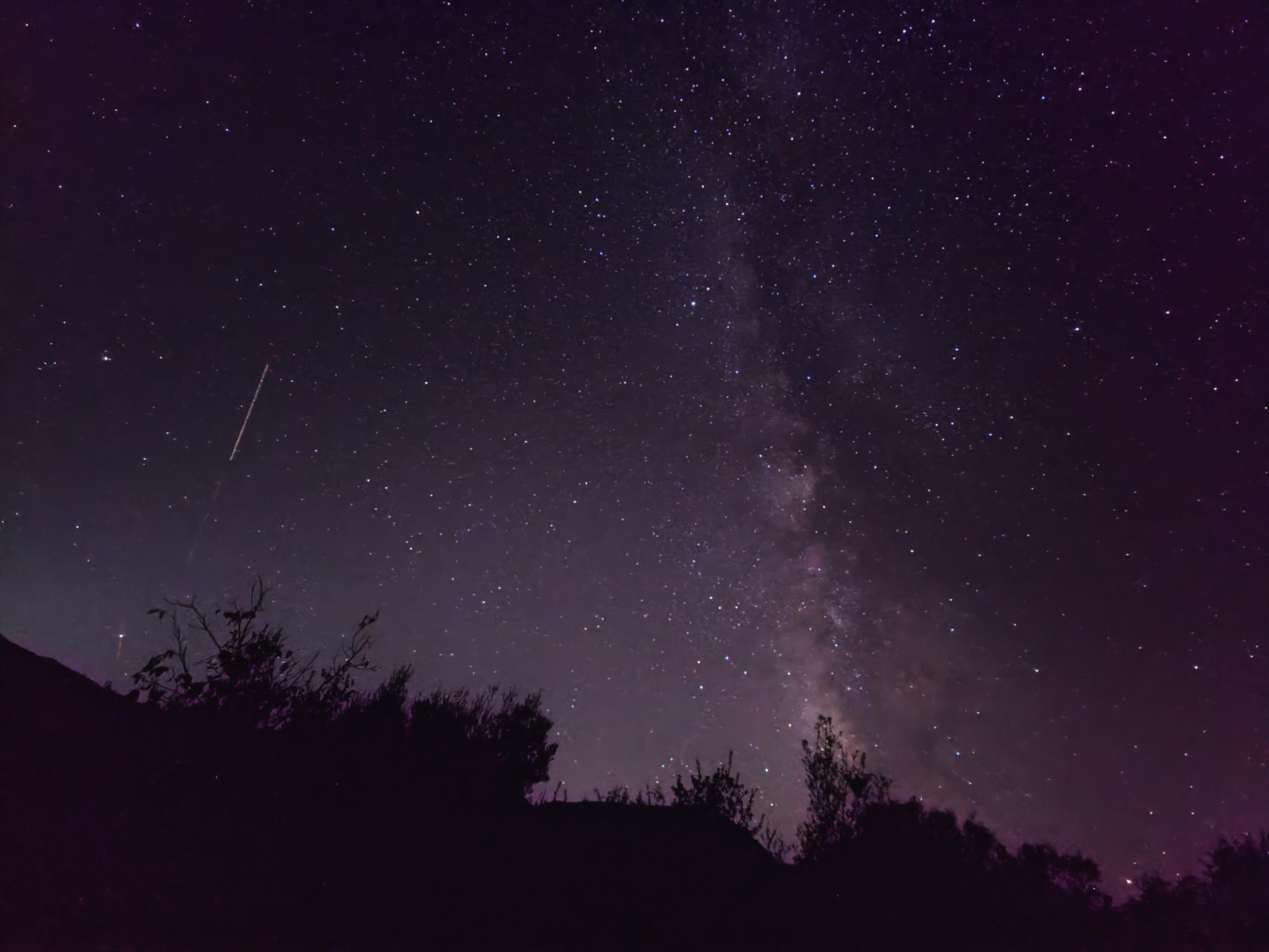 A dense field of stars and a pale band of light above dark hills and tree silhouettes.