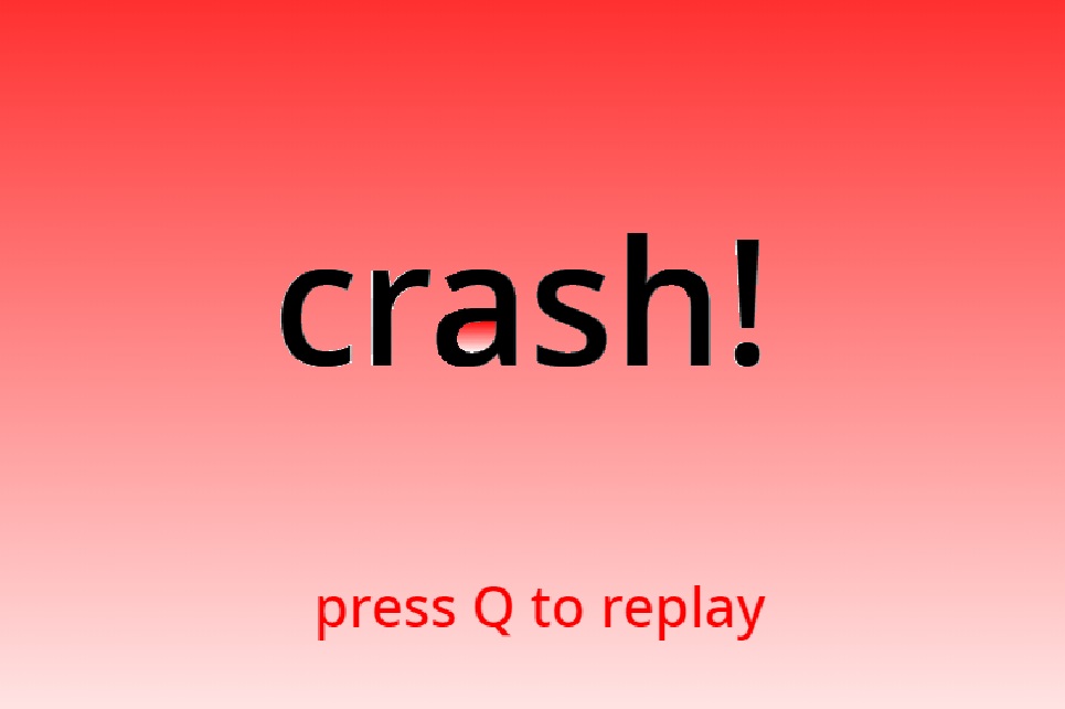 Crash screen of Driving Simulator 2D showing the word 'crash!' and 'press Q to replay'.