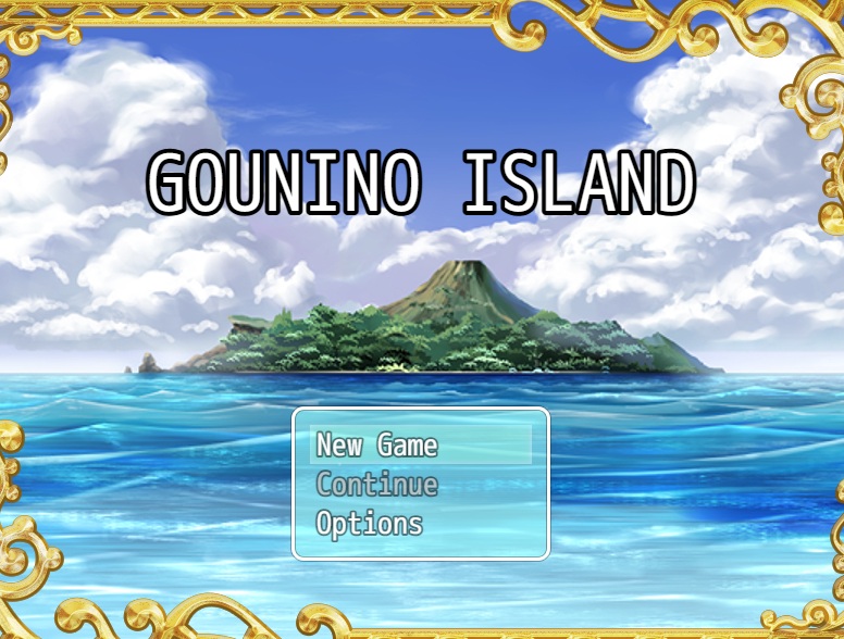 Title screen of Gounino Island: a tropical island with a volcano framed by an ornate golden border, with New Game, Continue, and Options menu items.