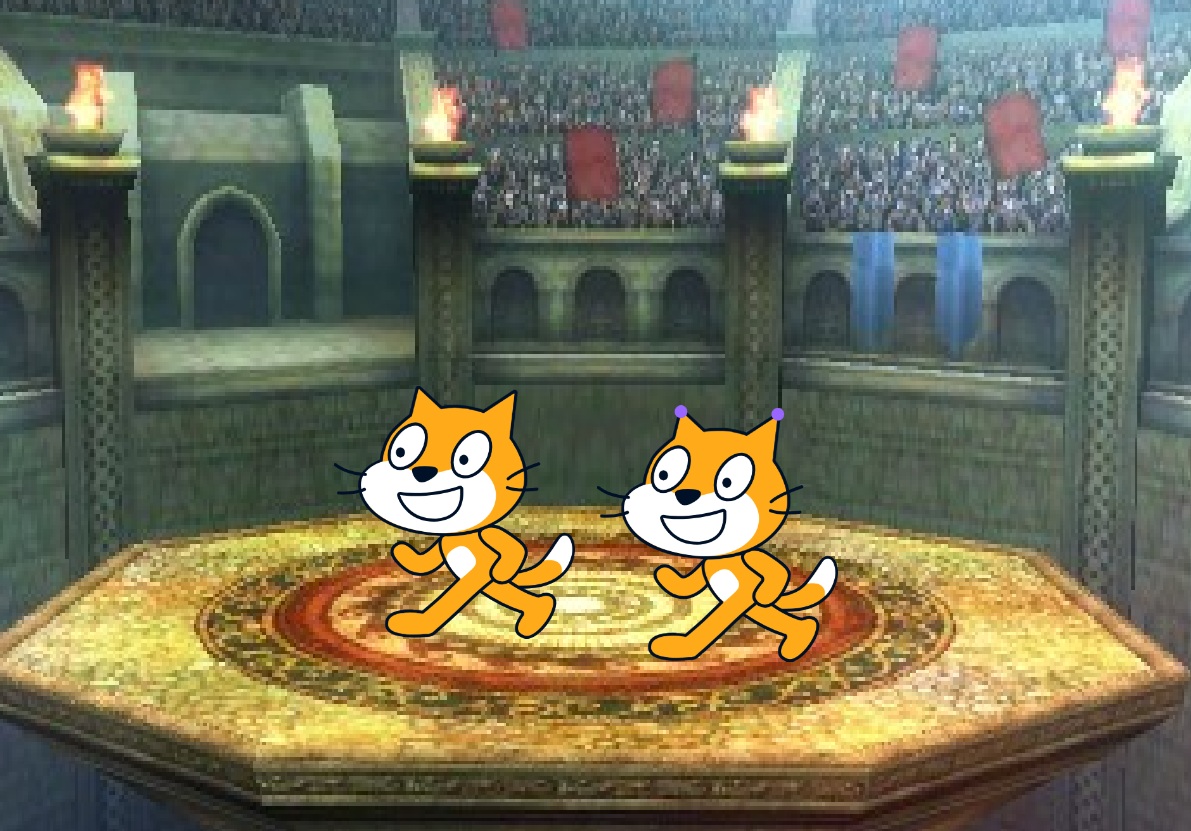 Two cartoon cats face each other on a golden arena platform in front of a stadium crowd.