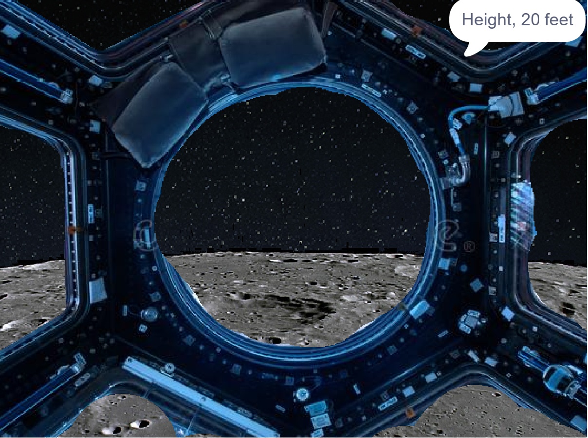 View from a space station window onto the moon's surface in Moon Landing, with a speech bubble reading 'Height, 20 feet'.