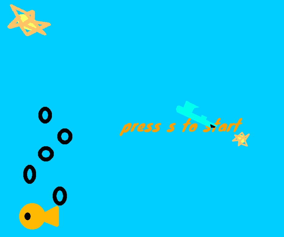 Start screen of Sub Wars: a blue underwater scene with a fish, bubbles, and a submarine, with 'press s to start' text.