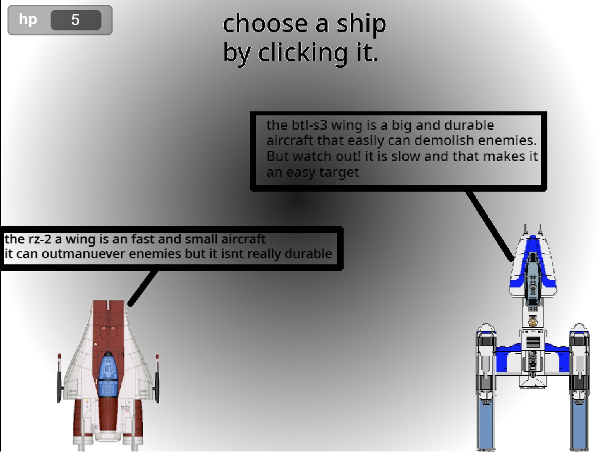 Ship selection screen of Star Wars Beta, showing two pixel-art ships with descriptions of their strengths and weaknesses.