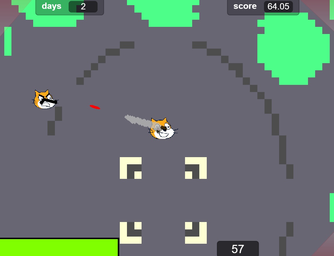 Top-down view of Cat Survival: a cat character dashes across a grey arena with green trees, with day and score counters on screen.